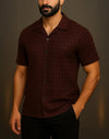 Men’s Maroon Checkered Popcorn Shirt – Premium Textured Fabric | Cuban Collar | Summer Casual