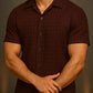 Men’s Maroon Checkered Popcorn Shirt – Premium Textured Fabric | Cuban Collar | Summer Casual
