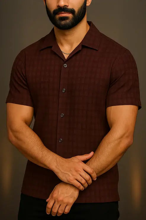 Men’s Maroon Checkered Popcorn Shirt – Premium Textured Fabric | Cuban Collar | Summer Casual