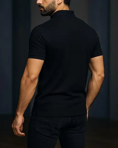 Men’s Black Zipper Polo Shirt – Modern Slim Fit, Premium Hani Cotton, Trendy Street Style