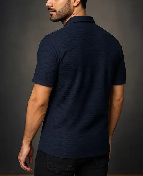 Men’s Pure Black Popcorn Shirt – Premium Textured Cuban Collar, Summer Casual Essential