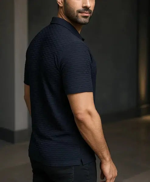 Men’s Pure Black Popcorn Shirt – Premium Textured Cuban Collar, Summer Casual Essential