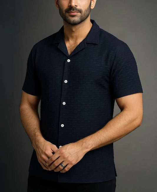 Men’s Pure Black Popcorn Shirt – Premium Textured Cuban Collar, Summer Casual Essential