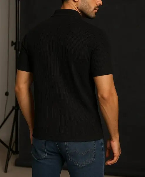 Men’s Ribbed Texture Polo T-Shirt – Black and White Edition | Premium Fabric and Zip Style