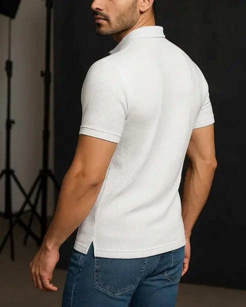 Men’s Ribbed Texture Polo T-Shirt – Black and White Edition | Premium Fabric and Zip Style