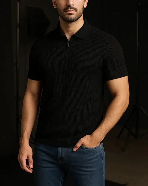 Men’s Ribbed Texture Polo T-Shirt – Black and White Edition | Premium Fabric and Zip Style