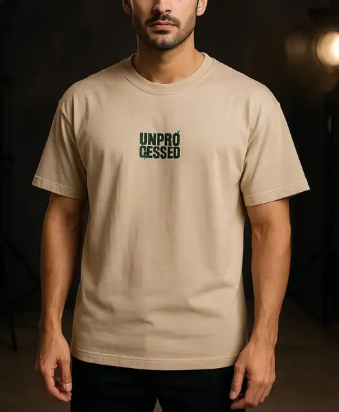 Nature-Inspired Minimalism: Premium Drop Shoulder T-Shirts “UNPROCESSED” Graphic Design