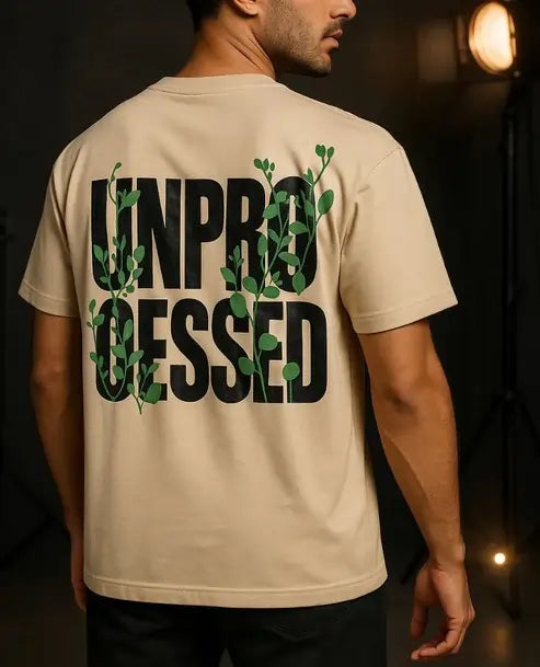 Nature-Inspired Minimalism: Premium Drop Shoulder T-Shirts “UNPROCESSED” Graphic Design