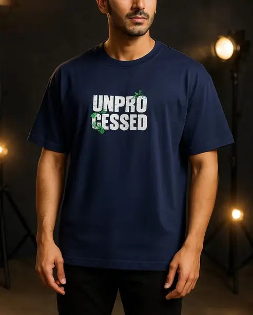 Nature-Inspired Minimalism: Premium Drop Shoulder T-Shirts “UNPROCESSED” Graphic Design