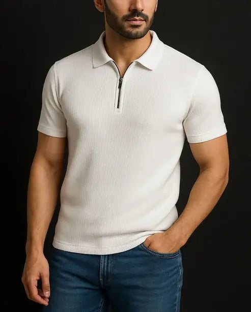 Men’s Ribbed Texture Polo T-Shirt – Black and White Edition | Premium Fabric and Zip Style