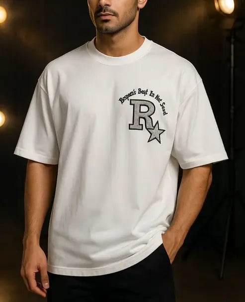 Premium Drop shoulder T-Shirts: Pure White & Black with Rock Star Vintage Lettering