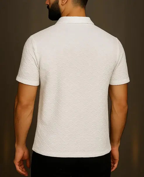 Men’s White Diamond Textured Half-Zip Polo Shirt – Premium Summer Essential | Modern Fit