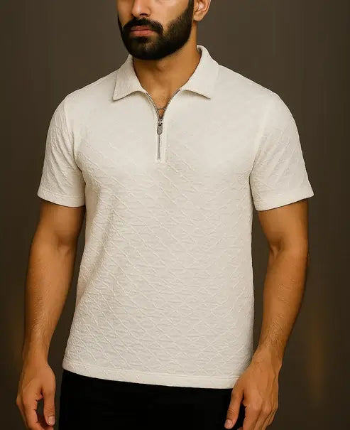 Men’s White Diamond Textured Half-Zip Polo Shirt – Premium Summer Essential | Modern Fit