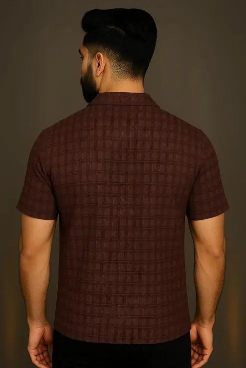 Men’s Maroon Checkered Popcorn Shirt – Premium Textured Fabric | Cuban Collar | Summer Casual